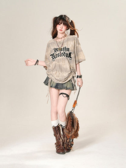 Loose Apricot Letter Print Drawstring Waist Distressed Holes T-Shirt