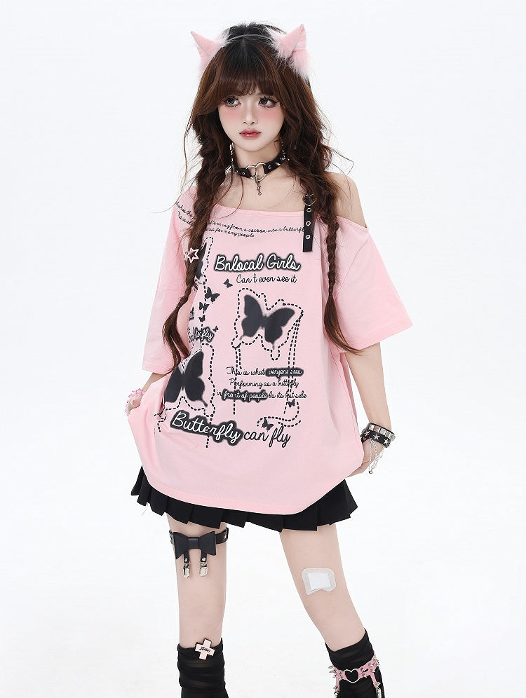 Asymmetrical Neckline Butterfly Print Heart Buckle Black/Pink T-Shirt Loose