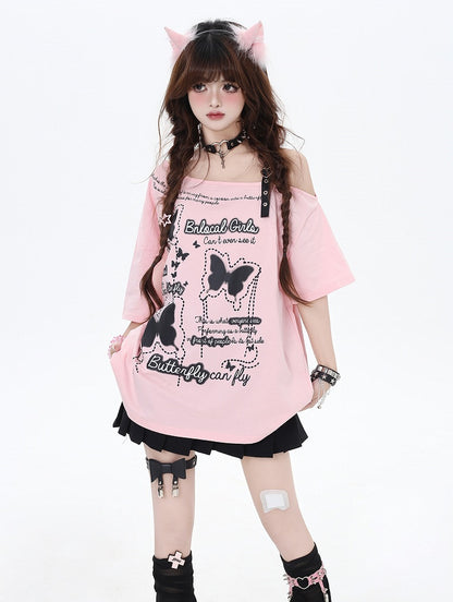 Asymmetrical Neckline Butterfly Print Heart Buckle Black/Pink T-Shirt Loose