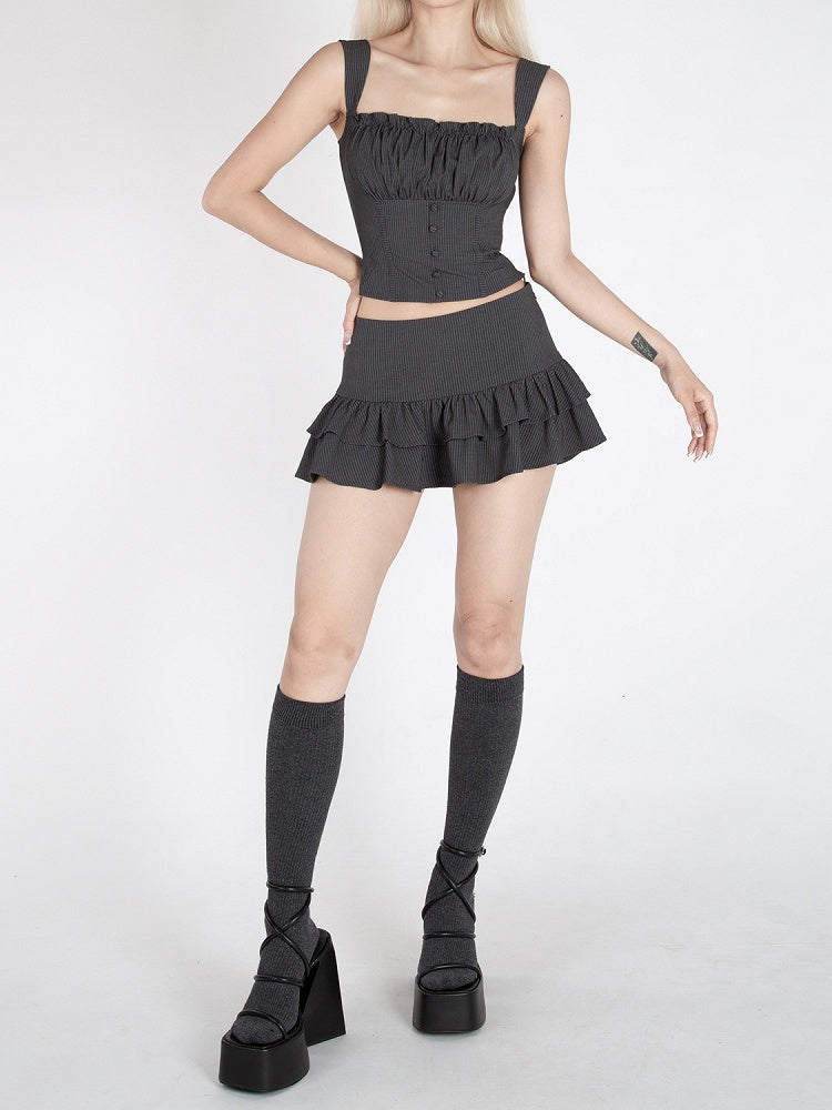 Dark Gray Stripes Pattern Ruffled Square Neck Glamorous Cropped Sleeveless Top