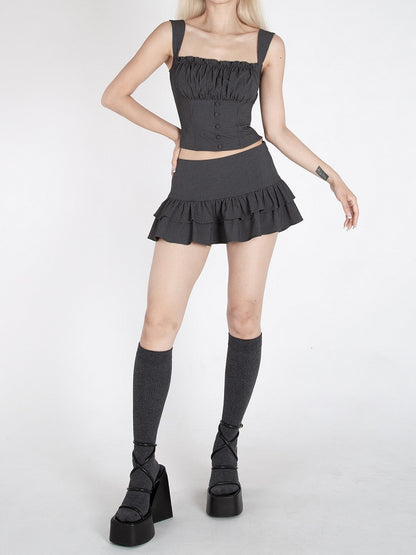 Dark Gray Stripes Pattern Ruffled Square Neck Glamorous Cropped Sleeveless Top