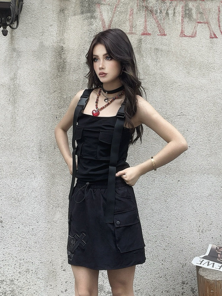 Cargo-Taschenrock mit Kreuz- und Skelett-Applikationen, Kordelzug, schwarze Taille