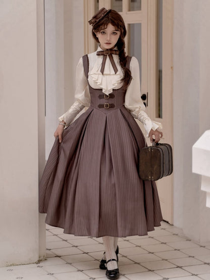 Brown Long Version Under Bust Elegant Classic Lolita JSK + Shirt + Mini Hat + Brooch + Necklace