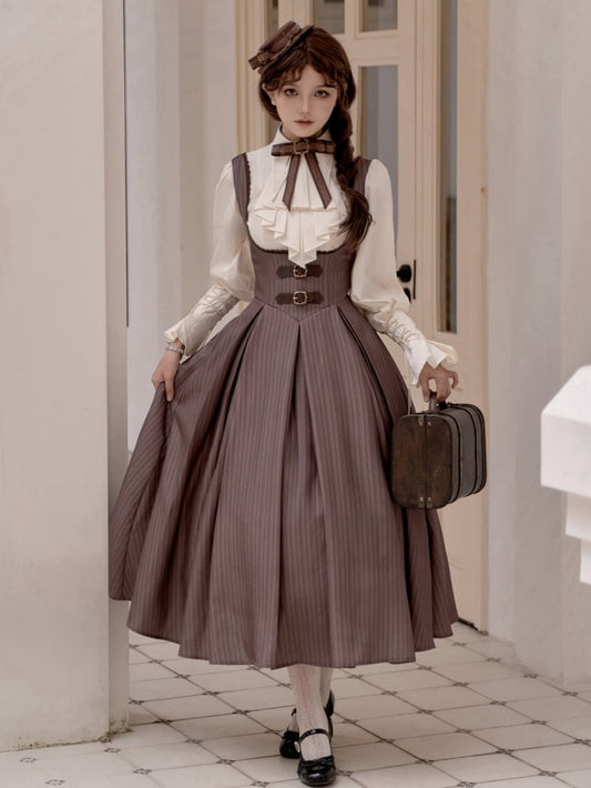 Brown Long Version Under Bust Elegant Classic Lolita JSK + Shirt + Mini Hat + Brooch + Necklace