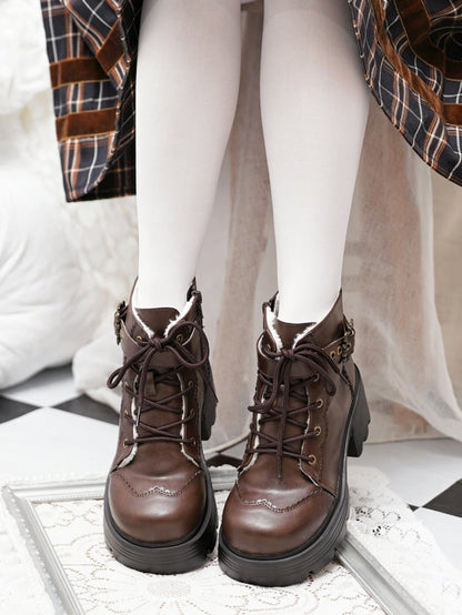 Brown Fleece Lined Bow Accent Platform Ankle Boots