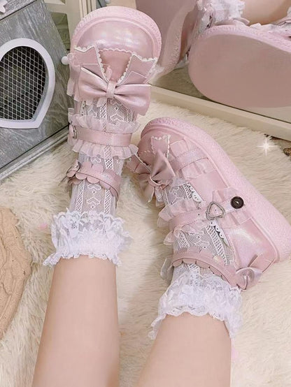 Black Heart Pattern Ruffled Lace Cuff Lolita Calf Socks