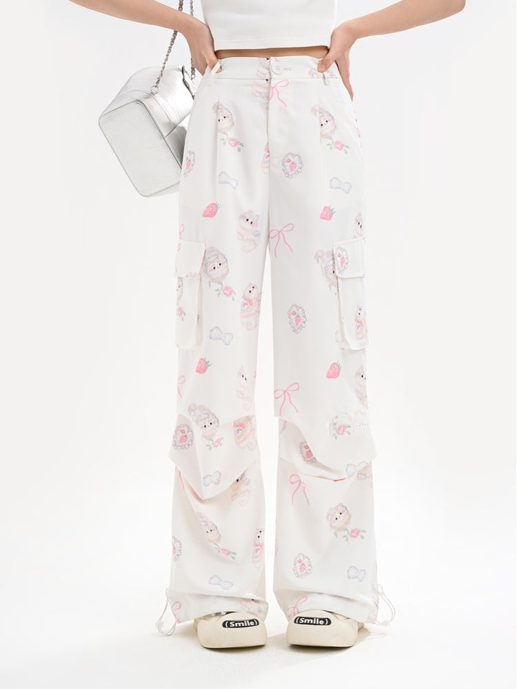 Cuffs Adorable Kitty Print Cargo Pockets Drawstring White Wide-Leg Pants