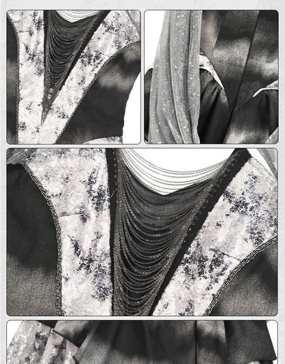 Futuristic Black Basque Waist Metal Y3K Hooded Dress Handkerchief Hem Chains Cyberpunk Fashion Front