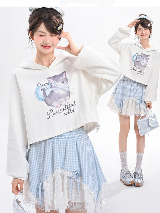 Print Drawstring Hem Blue Hoodie Plaid Adorable Cartoon Kitty Hood White