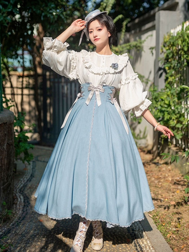 Dusty Blue Boned High Waist Long Version Autumn Daily Lolita Skirt