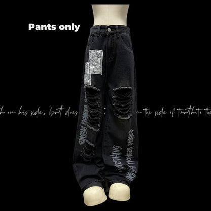 Black Punk Print Dragon Holes Hem Jeans Distressed Appliques Raw