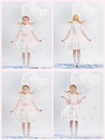 Bowknots White Ruffled Lace Trim Bonnet Macaron Color