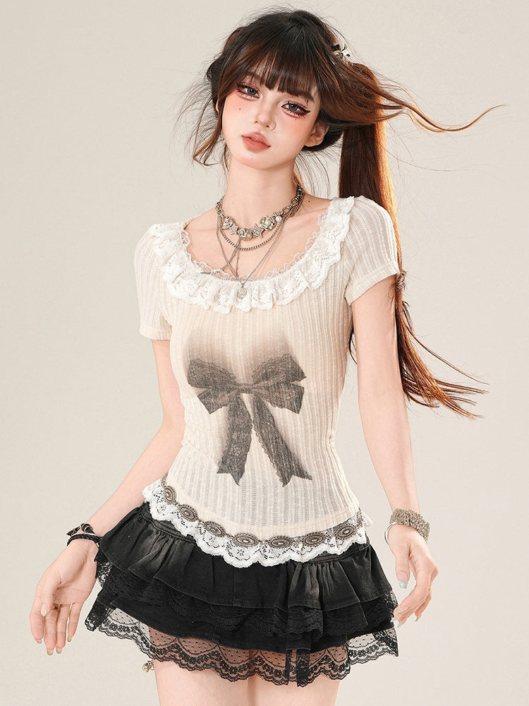 Trim T-shirt Print Bowknot Daily Lace Kawaii Beige Knitted