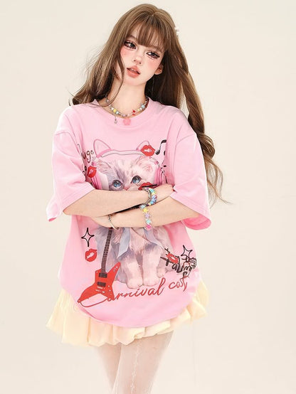 Apricot/Pink Sweet Cat Loose T-shirt