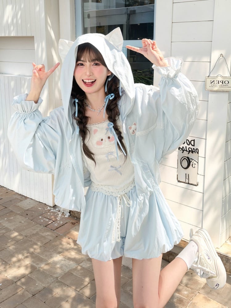 Kawaii Kapuze Spitze Schleife Sonnenschutz Jacke Blau Kitty Ohren Design Yume
