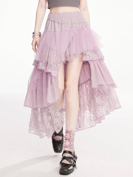 High-Low Tiered Skirt Lavender Elastic Waist Lace Trim