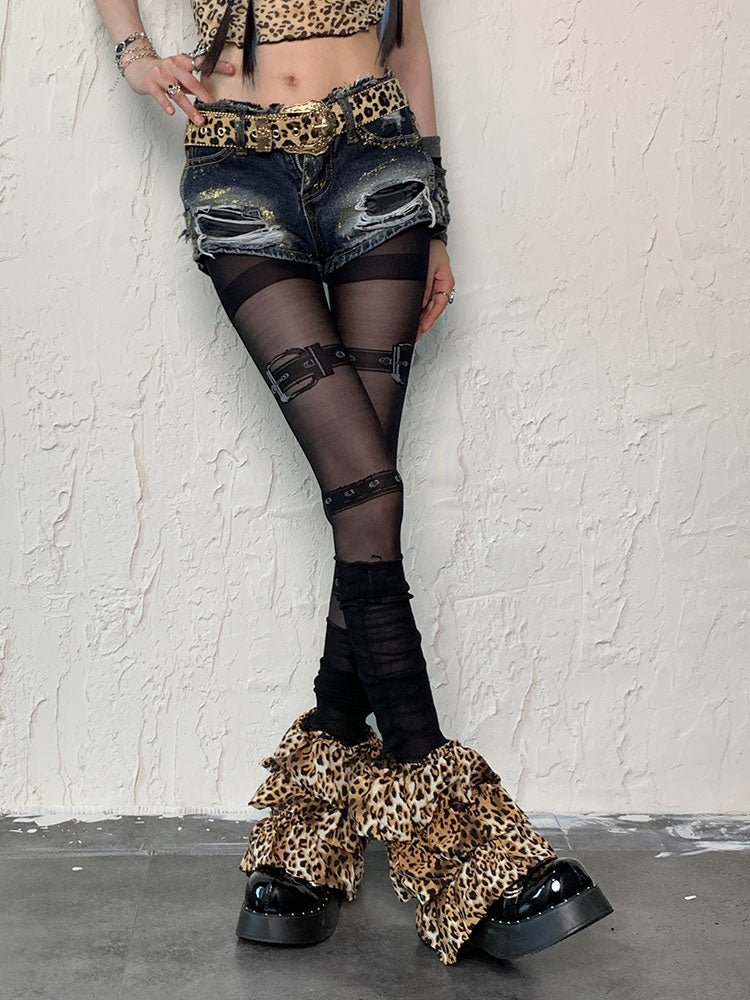 Ensemble de collants noirs à imprimé boucle punk et jambières léopard