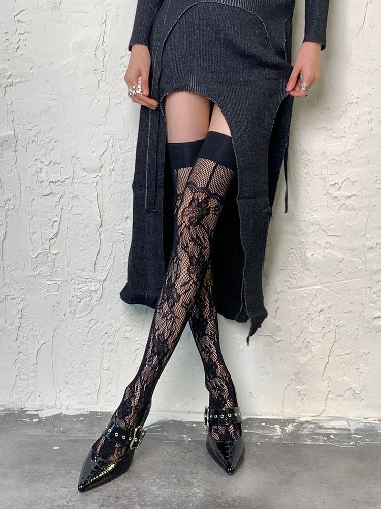 Black Hollow-out Floral Pattern Overknee Stockings