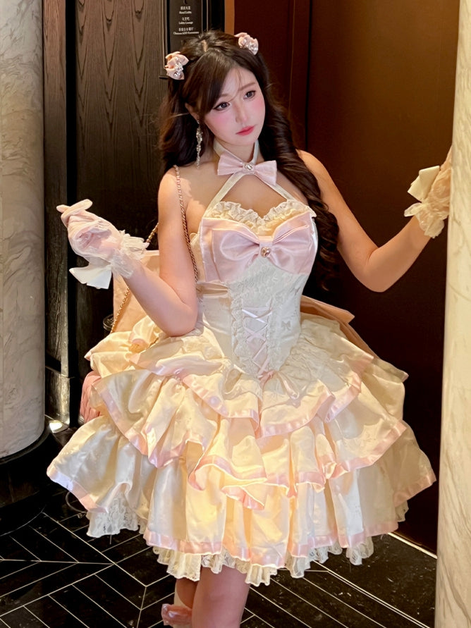 Creamy Bowknot Fabric Tiered Puffy Skirt Halter Neck Birthday Corset Dress