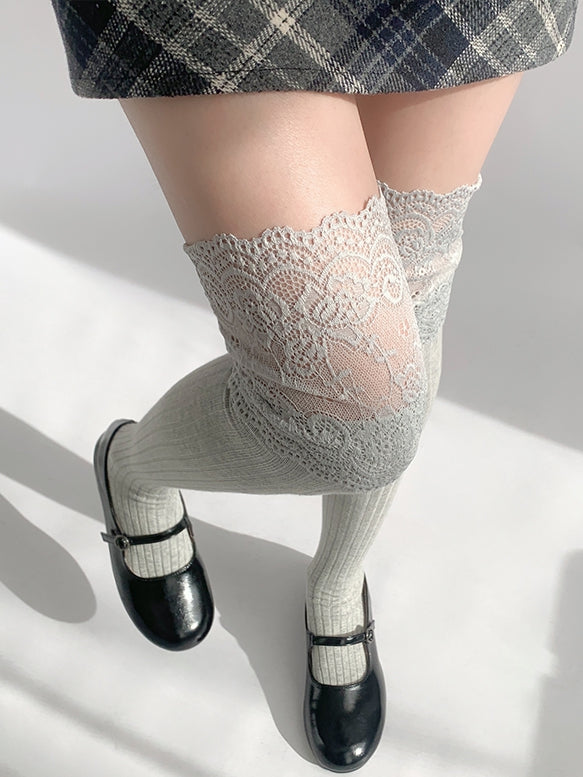 Lace Gray/Beige/Light Gray White/Black/Dark Knitted Over-knee Trim Stockings