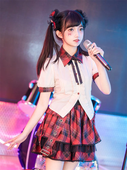 Contrast Red Plaid Trim Beige Idol Lolita Blouse with Lace-up Detail at Back