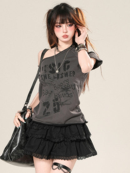 Letter Asymmetrical Neckline T-shirt Glamorous Print White/Gary