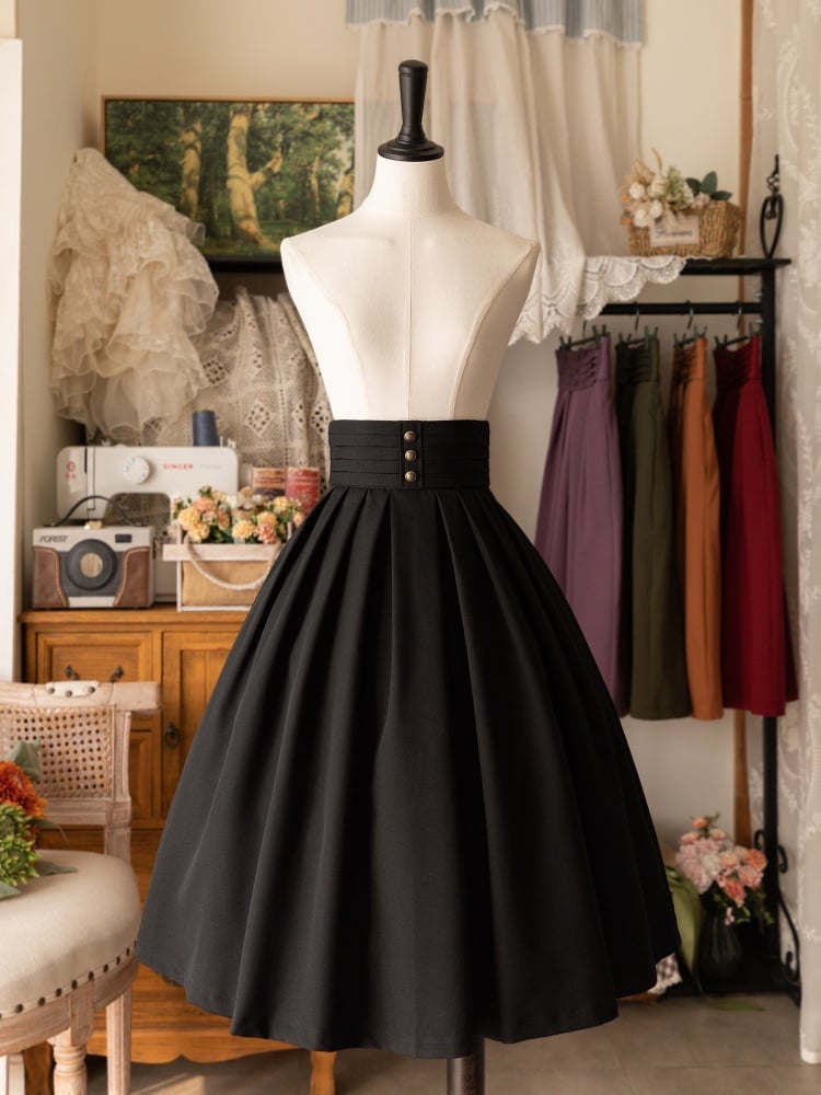 Black Elegant Midi Length High Waist Pleated Hem Classic Lolita Skirt