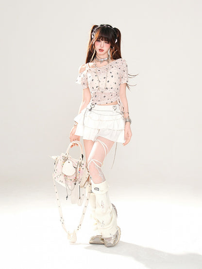 Asymmetrical Neckline Bow Print Drawstring Semi-sheer T-Shirt Pink Waist