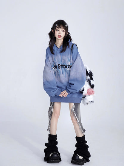 Retro Vintage Hoodie Blue Embroidery with Hood Gradient Fall Drawstring Star Lettering