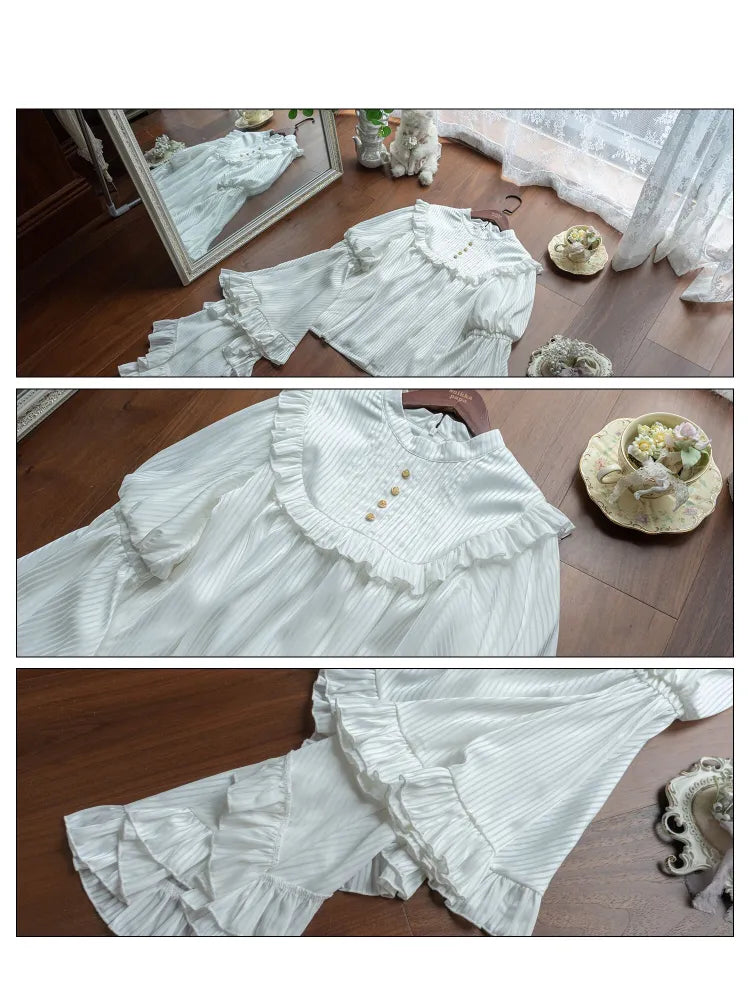 Blouse White Flounce Gothic Sleeves Bell Trim