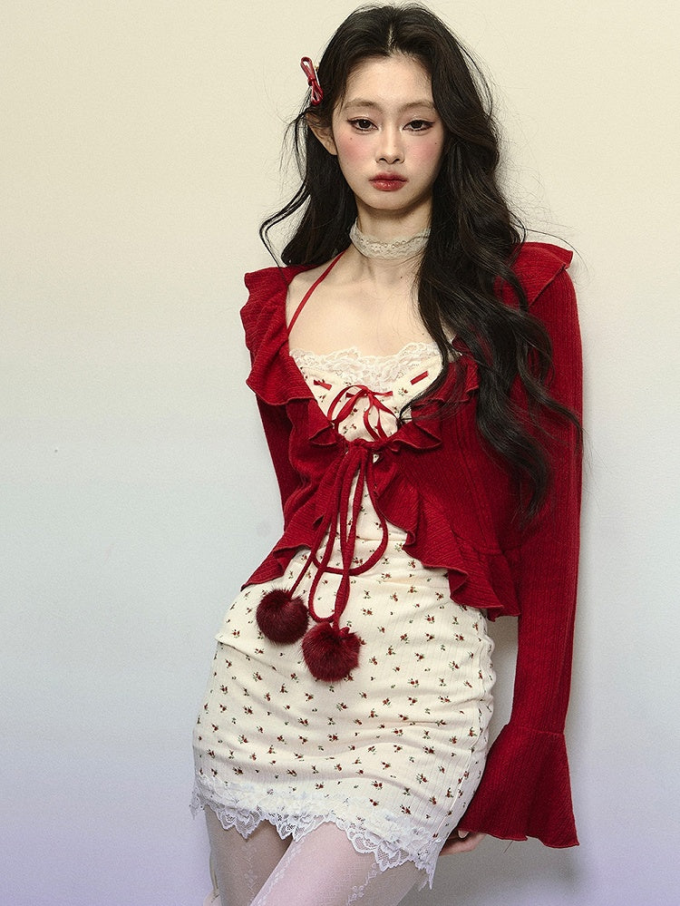 Red Self-tie Straps Bell Sleeves Cardigan with Ruffle Trim