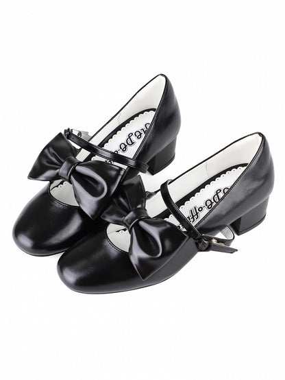 Mid Lolita PU Heart with Details in Leather Black Bow Ornate Fastener Sophisticated Heels