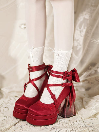 Heel High Platform Block Camellia Heels Clearance-Size 36 Red Elegant Flower