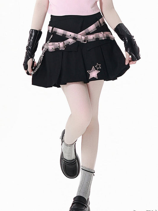 Pink Plaid Buckle Straps Star Applique Black Box Pleat Skirt