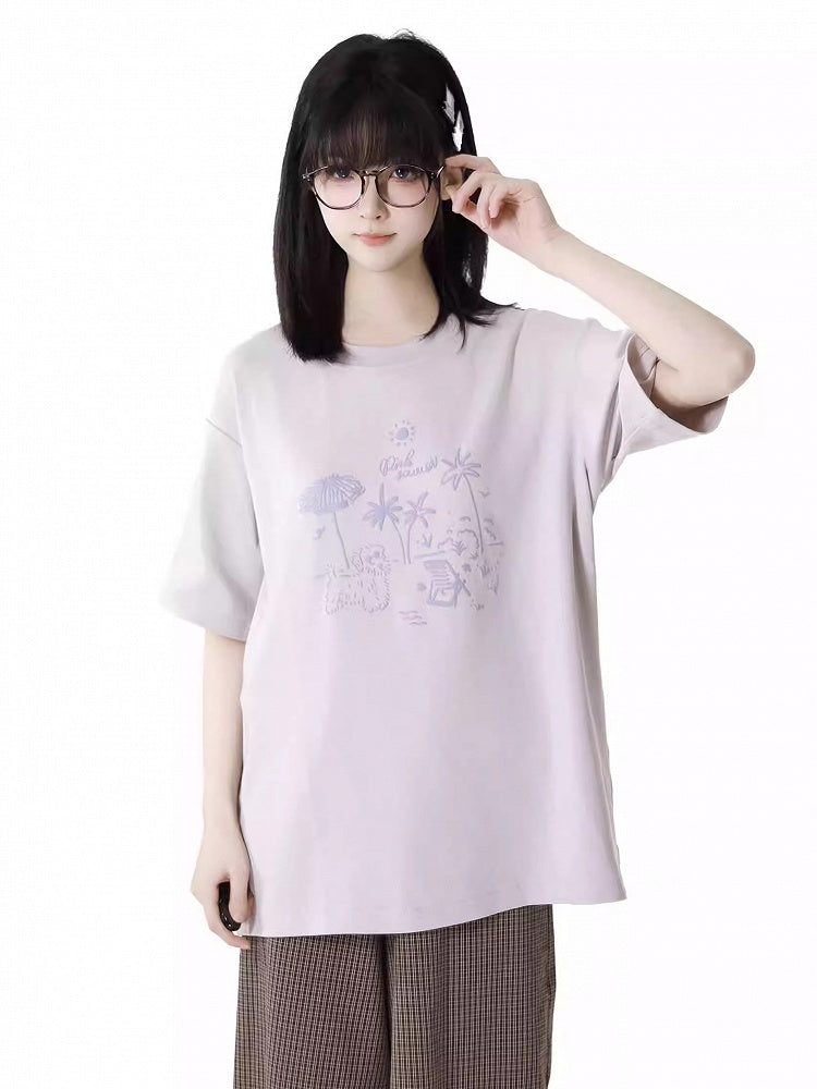 Loose Graffiti T-Shirt Puppy Round Neck Gray/Pink/Light Purple