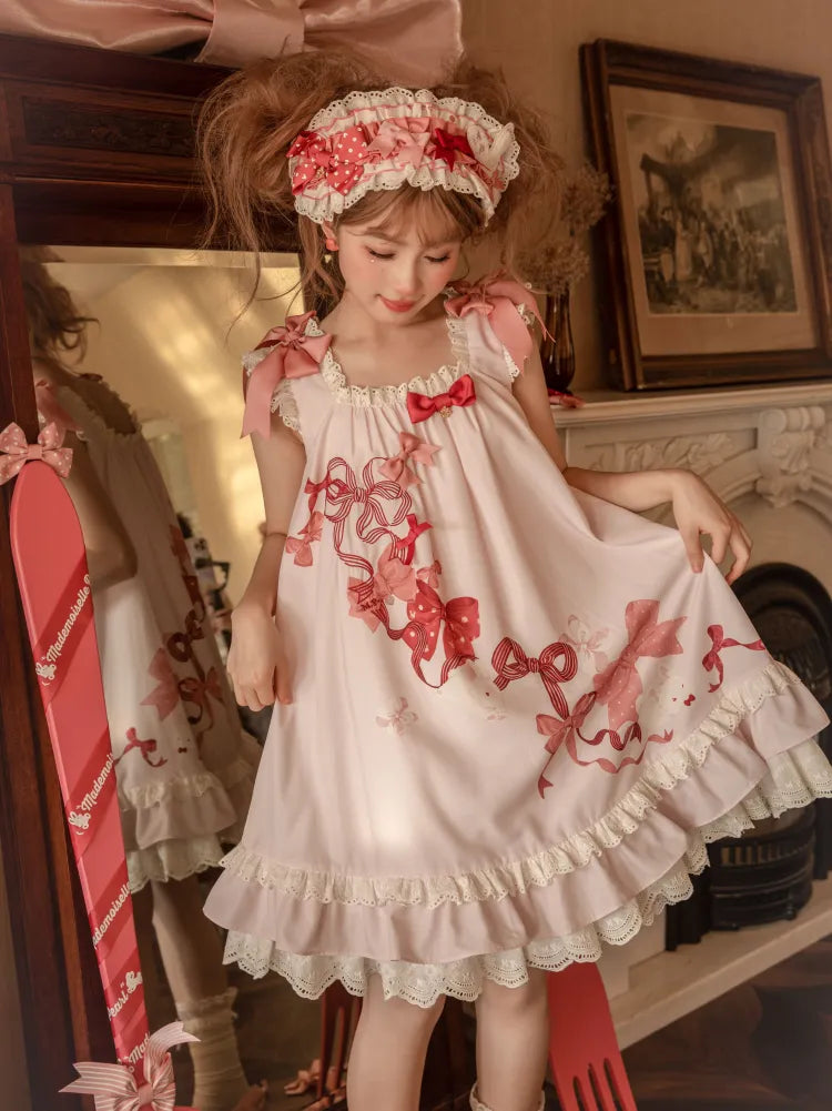 Eyelet Scalloped Sweet Pink Trimming Print Bow Dress and Lolita Bunny