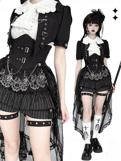 Schwarz-weißes Prince Ouji Lolita-Outfit – weißes ärmelloses Hemd + schwarzes kurzes Top + Blommer-Shorts mit hoher Taille, komplettes Set
