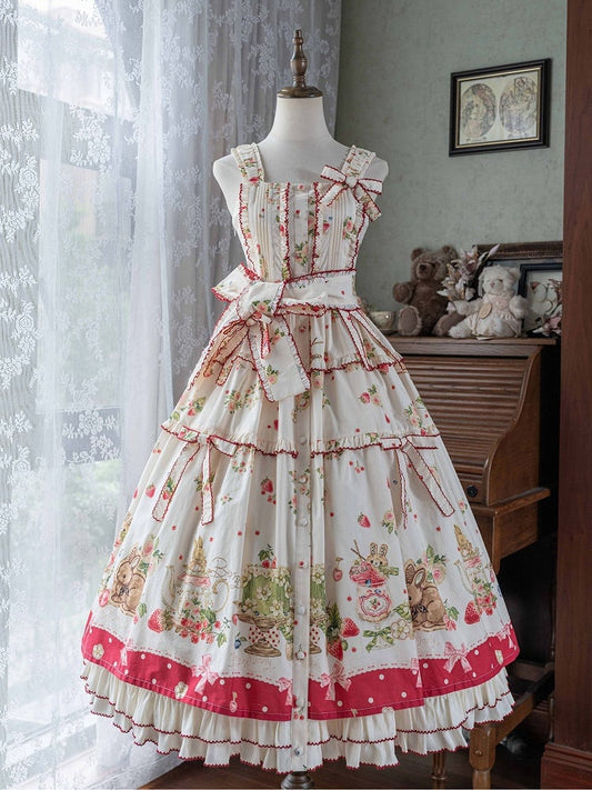 Bunny Pink House Dress Hemline Print Lolita Red Fashion and Strawberry