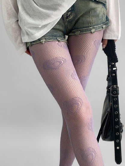 Print Hollow-out Design Heart Purple/Beige/Red Tights