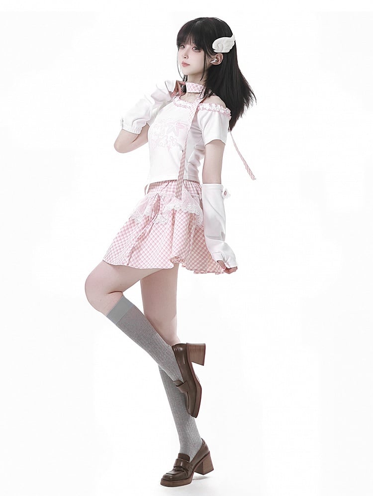 Lace Plaid Trim Skirt Pink/Baby Blue