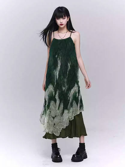 Robe à bretelles spaghetti à volants et ourlet asymétrique vert dégradé