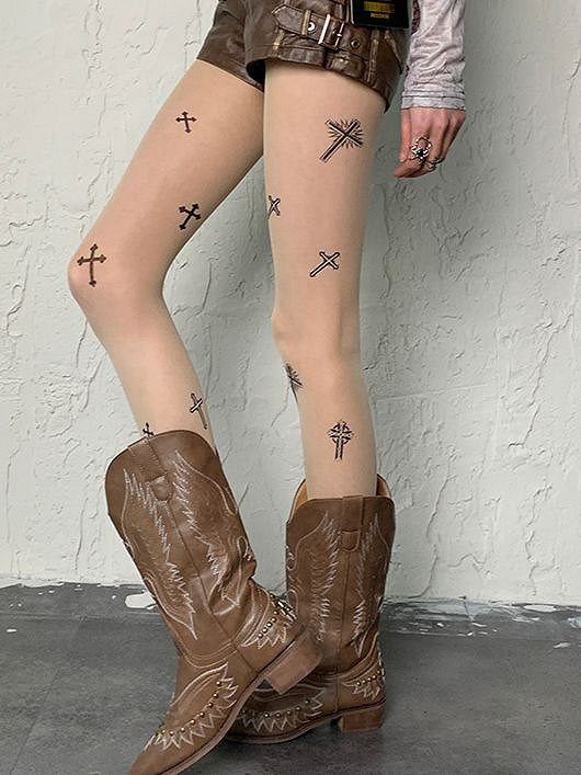 Tights Print Fashion Gyaru Cross Y2K Punk Nude Wasteland