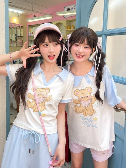 Blue and White Asymmetrical Peter Pan Collar Bear Print T-Shirt Long Version