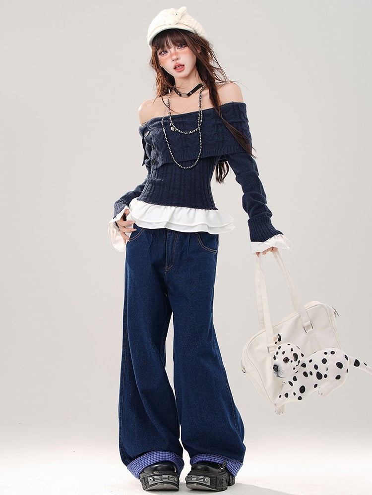 Navy Blue Plaid Patchwork Waist and Cuffs Wide-leg Cut Jeans