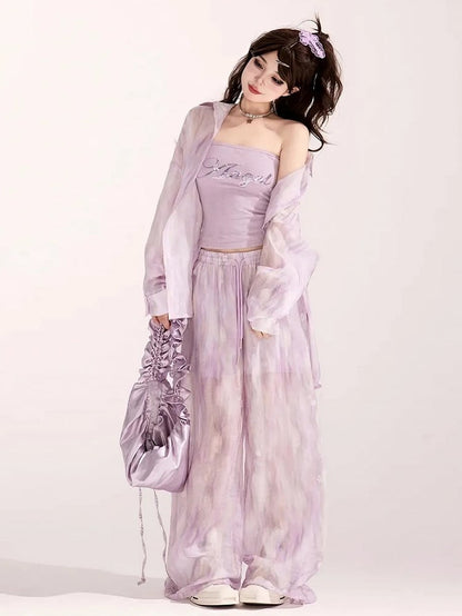 Light Waist Wide-leg Casual Loose Shirt / Pants Purple Drawstring