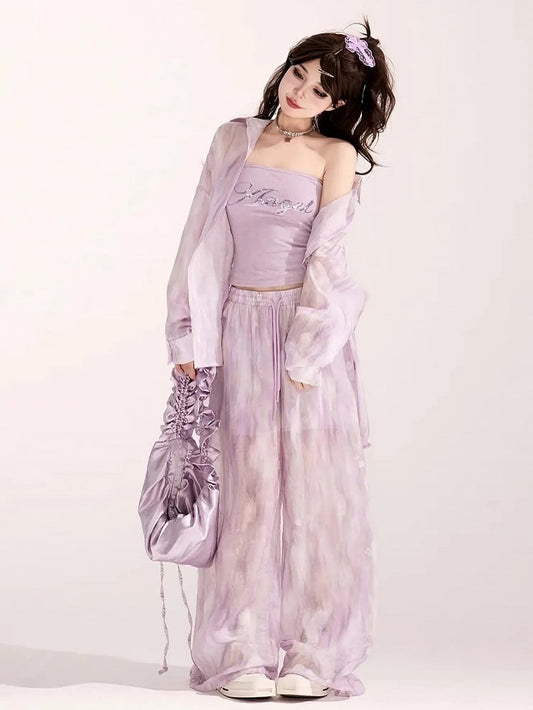 Light Waist Wide-leg Casual Loose Shirt / Pants Purple Drawstring