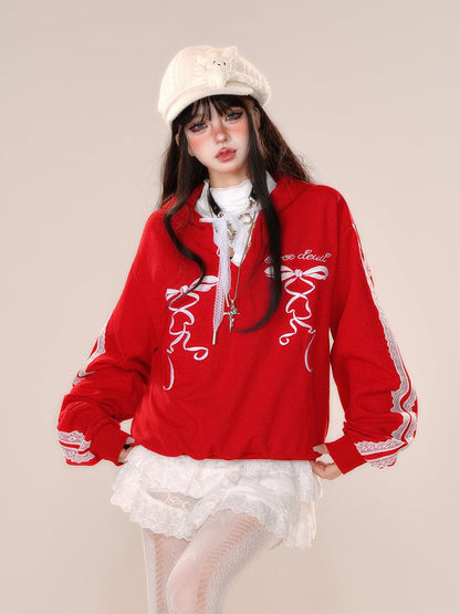 Red Lace-up Bowknot Embroidery Hoodie