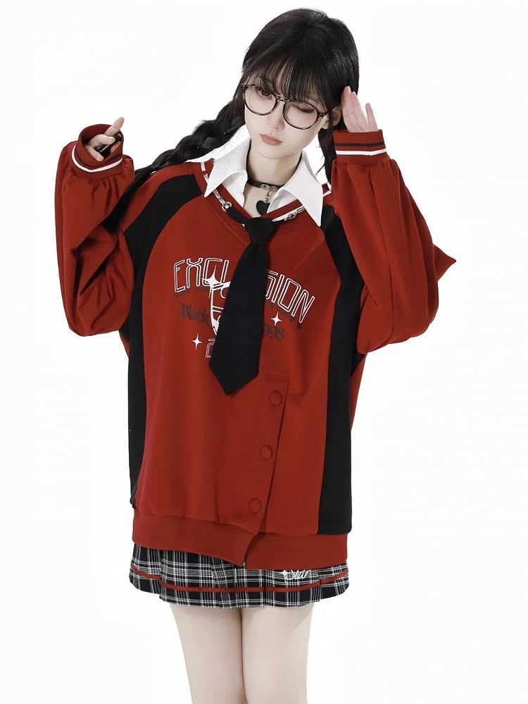 Red SideSlit Shirt Collar Preppy Style Sweatshirt with Free Tie