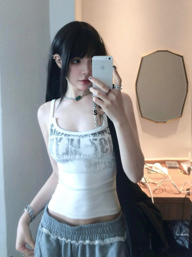 Top/Gray Elastic Waist Distressed Holes Casual Pants Cami White Glamorous Graphic