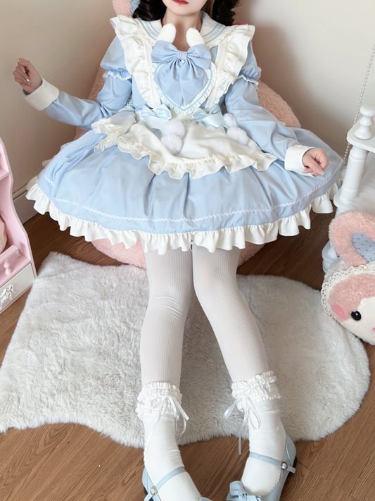 White Maid Sailor Blue Dress Sleeves Apron Ears Lolita Short Collar with Bunny